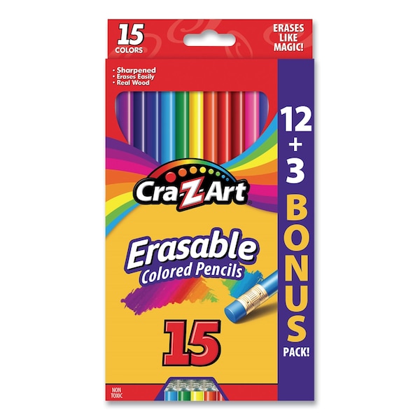 Cra-Z-Art Erasable Colored Pencils, 15 Assorted Lead/Barrel Colors